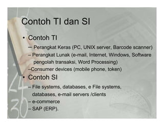 Contoh TI dan SIContoh TI dan SI
• Contoh TIContoh TI
– Perangkat Keras (PC, UNIX server, Barcode scanner)
Perangkat Lunak (e-mail Internet Windows Software– Perangkat Lunak (e-mail, Internet, Windows, Software
pengolah transaksi, Word Processing)
–Consumer devices (mobile phone, token)( p , )
• Contoh SI
File systems databases e File systems– File systems, databases, e File systems,
databases, e-mail servers /clients
– e-commercee commerce
– SAP (ERP).
 