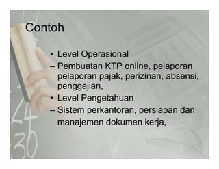 ContohContoh
Level Operasional• Level Operasional
– Pembuatan KTP online, pelaporan
l j k i i b ipelaporan pajak, perizinan, absensi,
penggajian,
L l P t h• Level Pengetahuan
– Sistem perkantoran, persiapan dan
manajemen dokumen kerja,
 