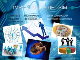 IMPORTANCIA DEL SIM
• IIDENTIFICAR
COORDINACIÓN
• PROBLEMAS
DE RECURSOS
COMUNICACIÓN

BUENA COORDINACIÓN
ORIENTACION Y ORGANIZACIO

 