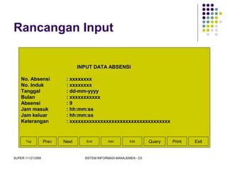 SUPER 111213389 SISTEM INFORMASI MANAJEMEN - D3
Rancangan Input
INPUT DATA ABSENSI
No. Absensi : xxxxxxxx
No. Induk : xxxxxxxx
Tanggal : dd-mm-yyyy
Bulan : xxxxxxxxxxx
Absensi : 9
Jam masuk : hh:mm:ss
Jam keluar : hh:mm:ss
Keterangan : xxxxxxxxxxxxxxxxxxxxxxxxxxxxxxxxxxxx
Top Prev Next End Add Edit Query Print Exit
 