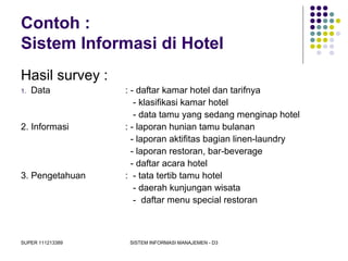 SUPER 111213389 SISTEM INFORMASI MANAJEMEN - D3
Contoh :
Sistem Informasi di Hotel
Hasil survey :
1. Data : - daftar kamar hotel dan tarifnya
- klasifikasi kamar hotel
- data tamu yang sedang menginap hotel
2. Informasi : - laporan hunian tamu bulanan
- laporan aktifitas bagian linen-laundry
- laporan restoran, bar-beverage
- daftar acara hotel
3. Pengetahuan : - tata tertib tamu hotel
- daerah kunjungan wisata
- daftar menu special restoran
 