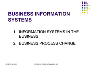 SUPER 111213389 SISTEM INFORMASI MANAJEMEN - D3
BUSINESS INFORMATION
SYSTEMS
1. INFORMATION SYSTEMS IN THE
BUSINESS
2. BUSINESS PROCESS CHANGE
 