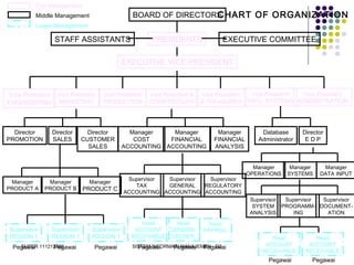 SUPER 111213389 SISTEM INFORMASI MANAJEMEN - D3
BOARD OF DIRECTORS
PRESIDENTS EXECUTIVE COMMITTEESTAFF ASSISTANTS
EXECUTIVE VICE PRESIDENT
Vice President
ADMINISTRATION
Vice President &
COMPTROLLER
Vice President
MARKETING
Vice President
PRODUCTION
Vice President
& TREASURER
Vice President
INFO. SYSTEMS
Vice President
ENGINEERING
Director
SALES
Director
CUSTOMER
SALES
Manager
FINANCIAL
ACCOUNTING
Manager
COST
ACCOUNTING
Manager
FINANCIAL
ANALYSIS
Database
Administrator
Director
E D P
Manager
PRODUCT B
Director
PROMOTION
Supervisor
REGION 1
Manager
PRODUCT A
Supervisor
REGION 1 Head
ACCOUNT
RECEIVABLE
Supervisor
REGION 1
Manager
PRODUCT C
Manager
SYSTEMS
Manager
OPERATIONS
Manager
DATA INPUT
Supervisor
SYSTEM
ANALYSIS
Supervisor
TAX
ACCOUNTING
Pegawai PegawaiPegawai
Supervisor
GENERAL
ACCOUNTING
Head
PAYROLL
Head
GENERAL
LEDGER
Pegawai
Pegawai
Pegawai
Head
ACCOUNT
RECEIVABLE
Head
ACCOUNT
RECEIVABLE
Pegawai
Pegawai
Supervisor
REGULATORY
ACCOUNTING
Supervisor
DOCUMENT-
ATION
Supervisor
PROGRAMM-
ING
Top Management
Middle Management
Lower Management
CHART OF ORGANIZATION
 