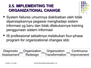 SUPER 111213389 SISTEM INFORMASI MANAJEMEN - D3
2.5. IMPLEMENTING THE2.5. IMPLEMENTING THE
ORGANIZATIONAL CHANGEORGANIZATIONAL CHANGE
 System failures umumnya diakibatkan oleh tidak
dipersiapkannya pegawai menghadapi sistem
informasi yg baru dan tidak dilakukannya training
penggunaan sistem informasi
 IS professional sebaiknya melakukan four-phase
program for organizational changes sbb:
Continuous
Improvement
Organization
Redesign
Organization
Transformation
Diagnostic
Assessment
 