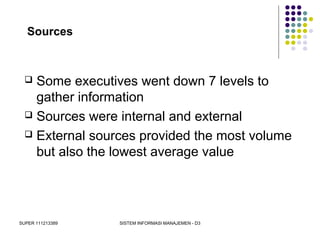 SUPER 111213389 SISTEM INFORMASI MANAJEMEN - D3
Sources
 Some executives went down 7 levels to
gather information
 Sources were internal and external
 External sources provided the most volume
but also the lowest average value
 