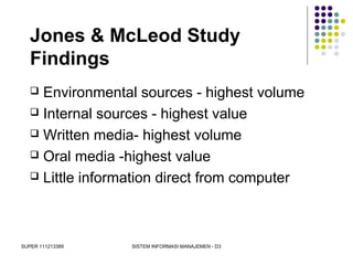 SUPER 111213389 SISTEM INFORMASI MANAJEMEN - D3
Jones & McLeod Study
Findings
 Environmental sources - highest volume
 Internal sources - highest value
 Written media- highest volume
 Oral media -highest value
 Little information direct from computer
 