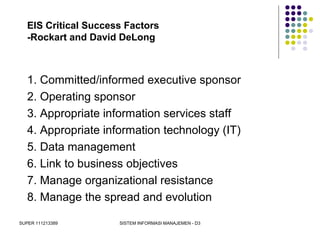 SUPER 111213389 SISTEM INFORMASI MANAJEMEN - D3
EIS Critical Success Factors
-Rockart and David DeLong
1. Committed/informed executive sponsor
2. Operating sponsor
3. Appropriate information services staff
4. Appropriate information technology (IT)
5. Data management
6. Link to business objectives
7. Manage organizational resistance
8. Manage the spread and evolution
 
