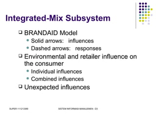SUPER 111213389 SISTEM INFORMASI MANAJEMEN - D3
Integrated-Mix Subsystem
 BRANDAID Model
 Solid arrows: influences
 Dashed arrows: responses
 Environmental and retailer influence on
the consumer
 Individual influences
 Combined influences
 Unexpected influences
 