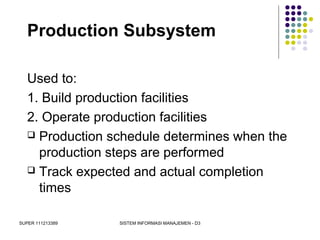 SUPER 111213389 SISTEM INFORMASI MANAJEMEN - D3
Production Subsystem
Used to:
1. Build production facilities
2. Operate production facilities
 Production schedule determines when the
production steps are performed
 Track expected and actual completion
times
 