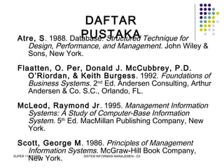 SUPER 111213389 SISTEM INFORMASI MANAJEMEN - D3
Atre, S. 1988. Database: Structured Technique for
Design, Performance, and Management. John Wiley &
Sons, New York.
Flaatten, O. Per, Donald J. McCubbrey, P.D.
O’Riordan, & Keith Burgess. 1992. Foundations of
Business Systems. 2nd
Ed. Andersen Consulting, Arthur
Andersen & Co. S.C., Orlando, FL.
McLeod, Raymond Jr. 1995. Management Information
Systems: A Study of Computer-Base Information
System. 5th
Ed. MacMillan Publishing Company, New
York.
Scott, George M. 1986. Principles of Management
Information Systems. McGraw-Hill Book Company,
New York.
DAFTAR
PUSTAKA
 