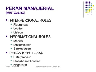 SUPER 111213389 SISTEM INFORMASI MANAJEMEN - D3
PERAN MANAJERIAL
(MINTZBERG)
 INTERPERSONAL ROLES
 Figurehead
 Leader
 Liaison
 INFORMATIONAL ROLES
 Monitor
 Disseminator
 Spokeperson
 PERAN KEPUTUSAN
 Enterpreneur
 Disturbance handler
 Negotiator
 
