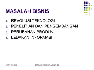 SUPER 111213389 SISTEM INFORMASI MANAJEMEN - D3
MASALAH BISNIS
1. REVOLUSI TEKNOLOGI
2. PENELITIAN DAN PENGEMBANGAN
3. PERUBAHAN PRODUK
4. LEDAKAN INFORMASI
 