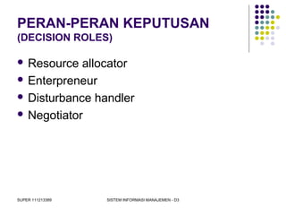 SUPER 111213389 SISTEM INFORMASI MANAJEMEN - D3
PERAN-PERAN KEPUTUSAN
(DECISION ROLES)
 Resource allocator
 Enterpreneur
 Disturbance handler
 Negotiator
 