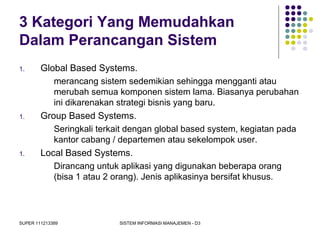 SUPER 111213389 SISTEM INFORMASI MANAJEMEN - D3
3 Kategori Yang Memudahkan
Dalam Perancangan Sistem
1. Global Based Systems.
merancang sistem sedemikian sehingga mengganti atau
merubah semua komponen sistem lama. Biasanya perubahan
ini dikarenakan strategi bisnis yang baru.
1. Group Based Systems.
Seringkali terkait dengan global based system, kegiatan pada
kantor cabang / departemen atau sekelompok user.
1. Local Based Systems.
Dirancang untuk aplikasi yang digunakan beberapa orang
(bisa 1 atau 2 orang). Jenis aplikasinya bersifat khusus.
 