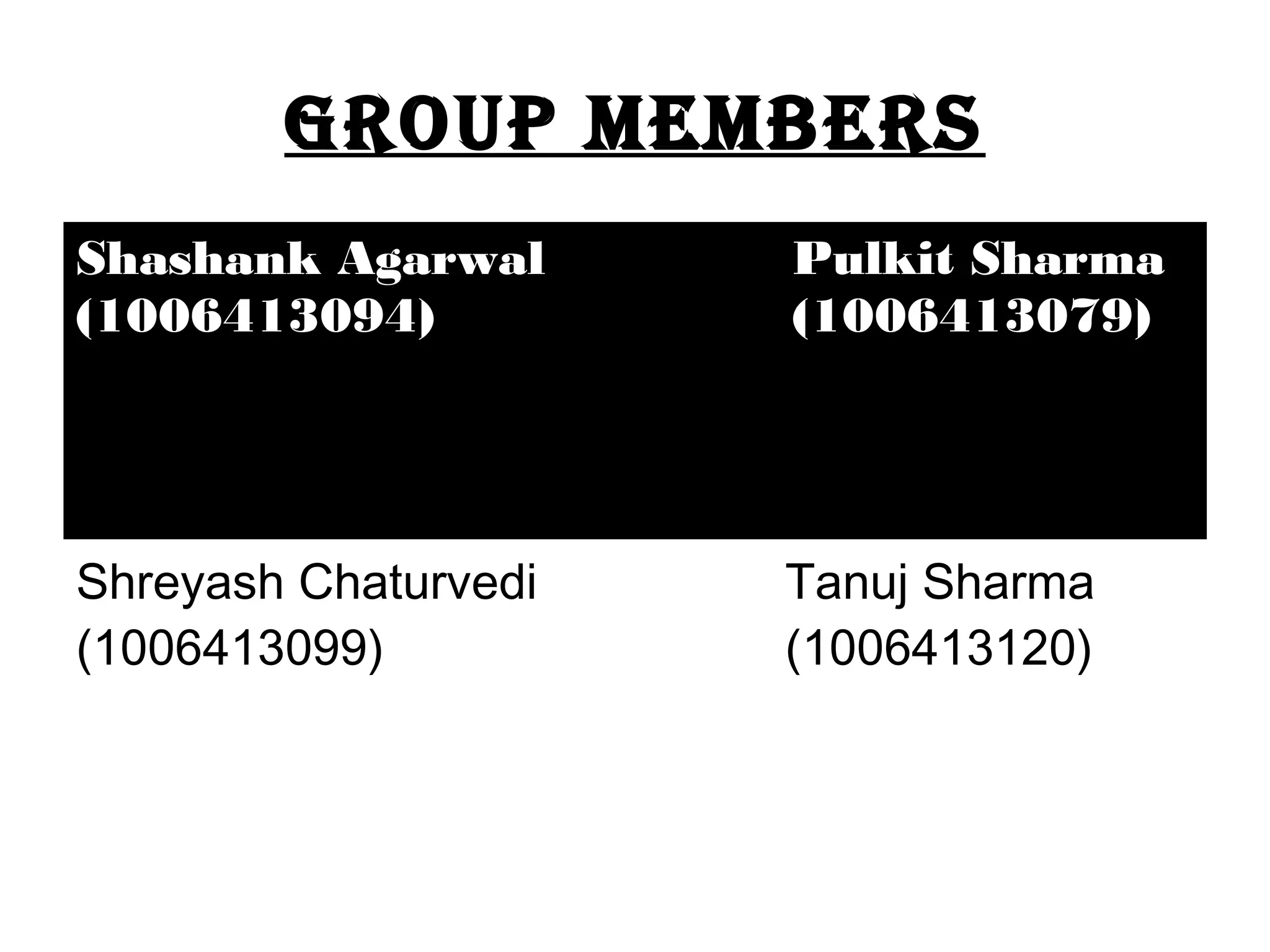 Group MeMbers 
Shashank Agarwal 
(1006413094) 
Pulkit Sharma 
(1006413079) 
Shreyash Chaturvedi 
(1006413099) 
Tanuj Sharma 
(1006413120) 
 