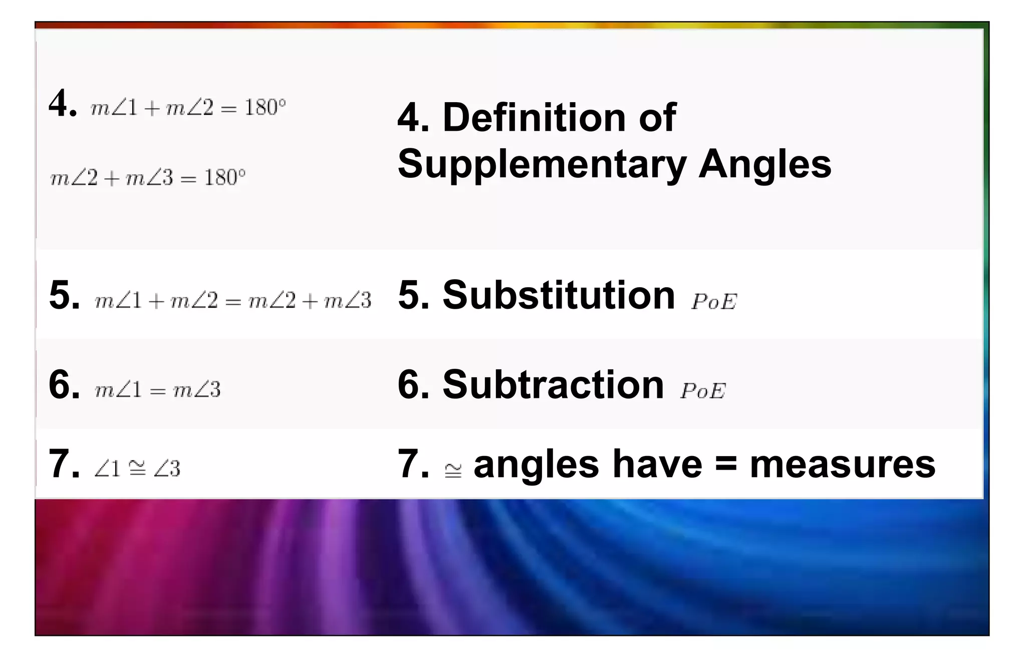 4. 4. Definition of
Supplementary Angles
5. 5. Substitution
6. 6. Subtraction
7. 7. angles have = measures
 