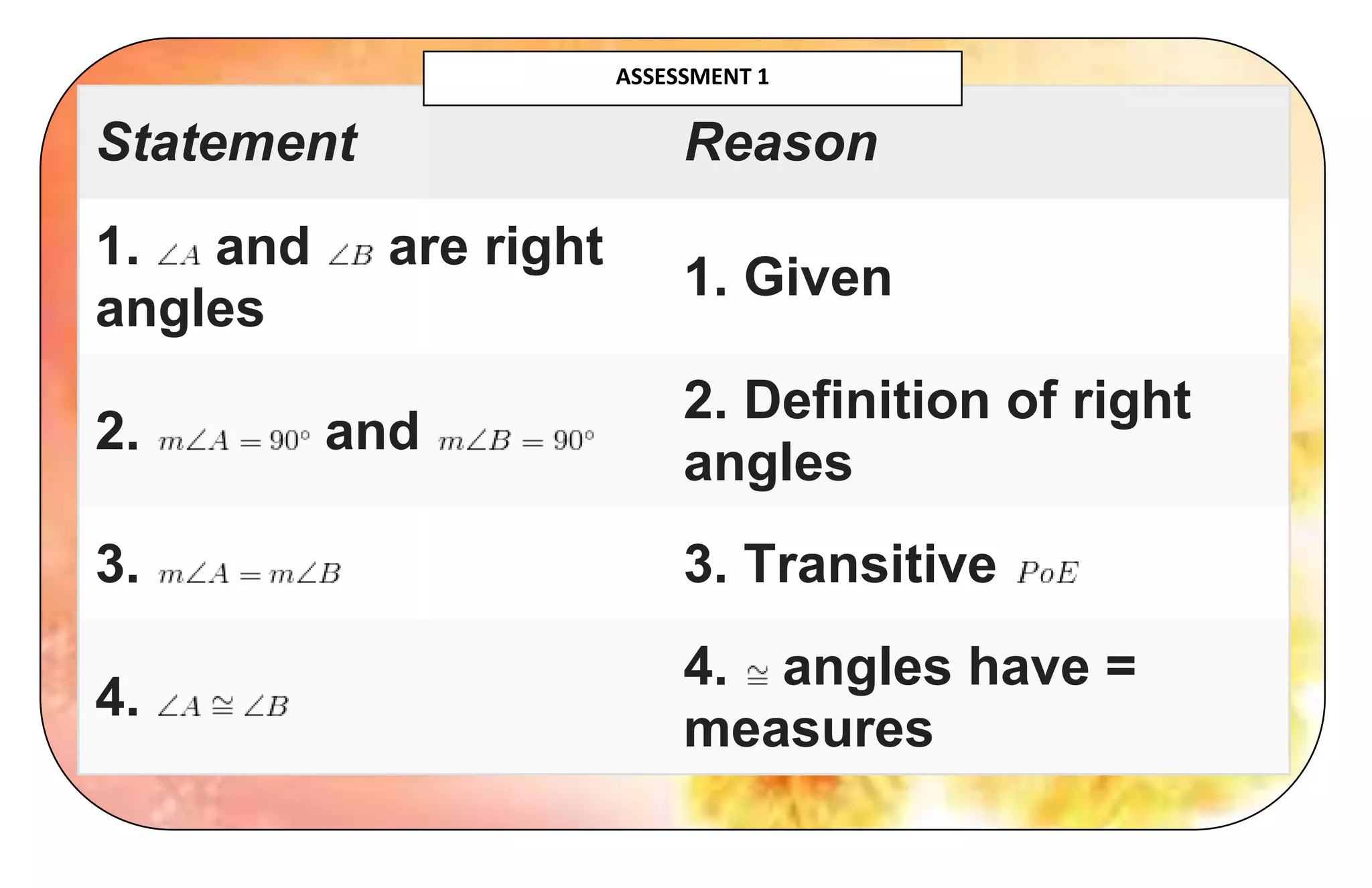 Statement Reason
1. and are right
angles
1. Given
2. and
2. Definition of right
angles
3. 3. Transitive
4.
4. angles have =
measures
ASSESSMENT 1
 