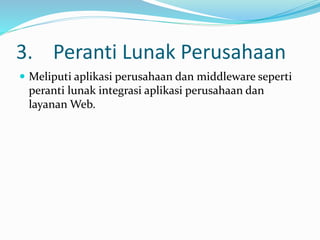 3. Peranti Lunak Perusahaan
 Meliputi aplikasi perusahaan dan middleware seperti
peranti lunak integrasi aplikasi perusahaan dan
layanan Web.
 