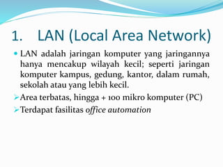 1. LAN (Local Area Network)
 LAN adalah jaringan komputer yang jaringannya
hanya mencakup wilayah kecil; seperti jaringan
komputer kampus, gedung, kantor, dalam rumah,
sekolah atau yang lebih kecil.
Area terbatas, hingga + 100 mikro komputer (PC)
Terdapat fasilitas office automation
 