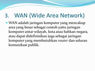 3. WAN (Wide Area Network)
 WAN adalah jaringan komputer yang mencakup
area yang besar sebagai contoh yaitu jaringan
komputer antar wilayah, kota atau bahkan negara,
atau dapat didefinisikan juga sebagai jaringan
komputer yang membutuhkan router dan saluran
komunikasi publik.
 