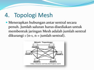 4. Topologi Mesh
 Menerapkan hubungan antar sentral secara
penuh. Jumlah saluran harus disediakan untuk
membentuk jaringan Mesh adalah jumlah sentral
dikurangi 1 (n-1, n = jumlah sentral).
 
