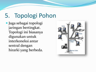 5. Topologi Pohon
 Juga sebagai topologi
jaringan bertingkat.
Topologi ini biasanya
digunakan untuk
interkoneksi antar
sentral dengan
hirarki yang berbeda.
 