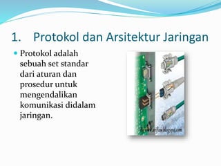 1. Protokol dan Arsitektur Jaringan
 Protokol adalah
sebuah set standar
dari aturan dan
prosedur untuk
mengendalikan
komunikasi didalam
jaringan.
 