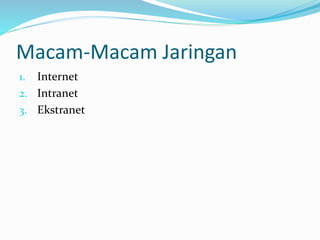 Macam-Macam Jaringan
1. Internet
2. Intranet
3. Ekstranet
 