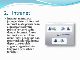 2. Intranet
 Intranet merupakan
jaringan sistem informasi
internal suatu perusahaan
atau organisasi yang
prinsip kerjanya sama
dengan internet. Akses
intranet memerlukan
identifikasi pengguna dan
password sehingga hanya
dapat diakses oleh
anggota organisasi atau
karyawan perusahaan
tersebut.
 