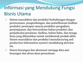Informasi yang Mendukung Fungsi
Bisnis Utama
 Sistem manufaktur dan produksi berhubungan dengan
perencanaan, pengembangan, dan pemeliharaan fasilitas
produksi; penetapan sasaran produksi; pengadaan,
penyimpanan, dan ketersediaan bahan produksi; dan
penjadwalan peralatan, fasilitas, bahan baku, dan tenaga
kerja yang dibutuhkan untuk membentuk produk akhir.
Sistem manufaktur dan produksi (manufacturing and
production information system) mendukung aktivitas
ini.
 Sistem keuangan dan akuntansi menjaga data aset
keuangan dan aliran dana perusahaan.
 