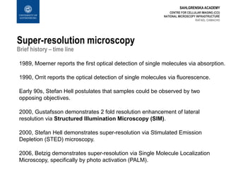 SAHLGRENSKA ACADEMY
Super-resolution microscopy
Brief history – time line
CENTRE FOR CELLULAR IMAGING (CCI)
NATIONAL MICROSCOPY INFRASTRUCTURE
RAFAEL CAMACHO
1989, Moerner reports the first optical detection of single molecules via absorption.
1990, Orrit reports the optical detection of single molecules via fluorescence.
Early 90s, Stefan Hell postulates that samples could be observed by two
opposing objectives.
2000, Gustafsson demonstrates 2 fold resolution enhancement of lateral
resolution via Structured Illumination Microscopy (SIM).
2000, Stefan Hell demonstrates super-resolution via Stimulated Emission
Depletion (STED) microscopy.
2006, Betzig demonstrates super-resolution via Single Molecule Localization
Microscopy, specifically by photo activation (PALM).
 