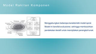 M o d e l R a k i t a n K o m p o n e n
Menggabungkan beberapa karakteristik model spiral.
Model ini bersifat evolusioner, sehingga membutuhkan
pendekatan iteratif untuk menciptakan perangkat lunak.
 