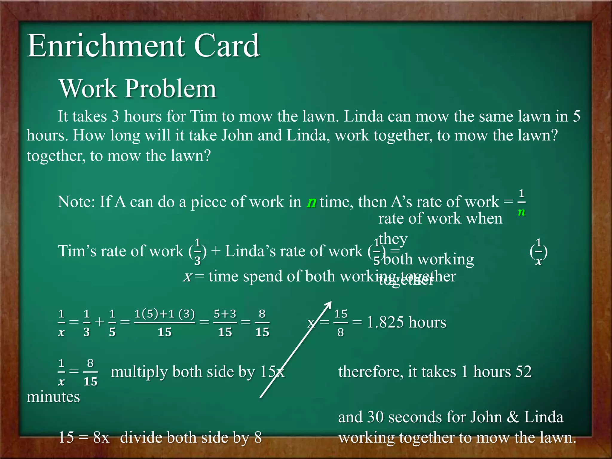Enrichment Card
Work Problem
It takes 3 hours for Tim to mow the lawn. Linda can mow the same lawn in 5
hours. How long will it take John and Linda, work together, to mow the lawn?
together, to mow the lawn?
Note: If A can do a piece of work in n time, then A’s rate of work =
1
𝒏
Tim’s rate of work (
1
𝟑
) + Linda’s rate of work (
1
𝟓
) = (
1
𝒙
)
x = time spend of both working together
1
𝒙
=
1
𝟑
+
1
𝟓
=
1 5 +1 (3)
𝟏𝟓
=
5+3
𝟏𝟓
=
8
𝟏𝟓
x =
15
8
= 1.825 hours
1
𝒙
=
8
𝟏𝟓
multiply both side by 15x therefore, it takes 1 hours 52
minutes
and 30 seconds for John & Linda
15 = 8x divide both side by 8 working together to mow the lawn.
rate of work when
they
both working
together
 