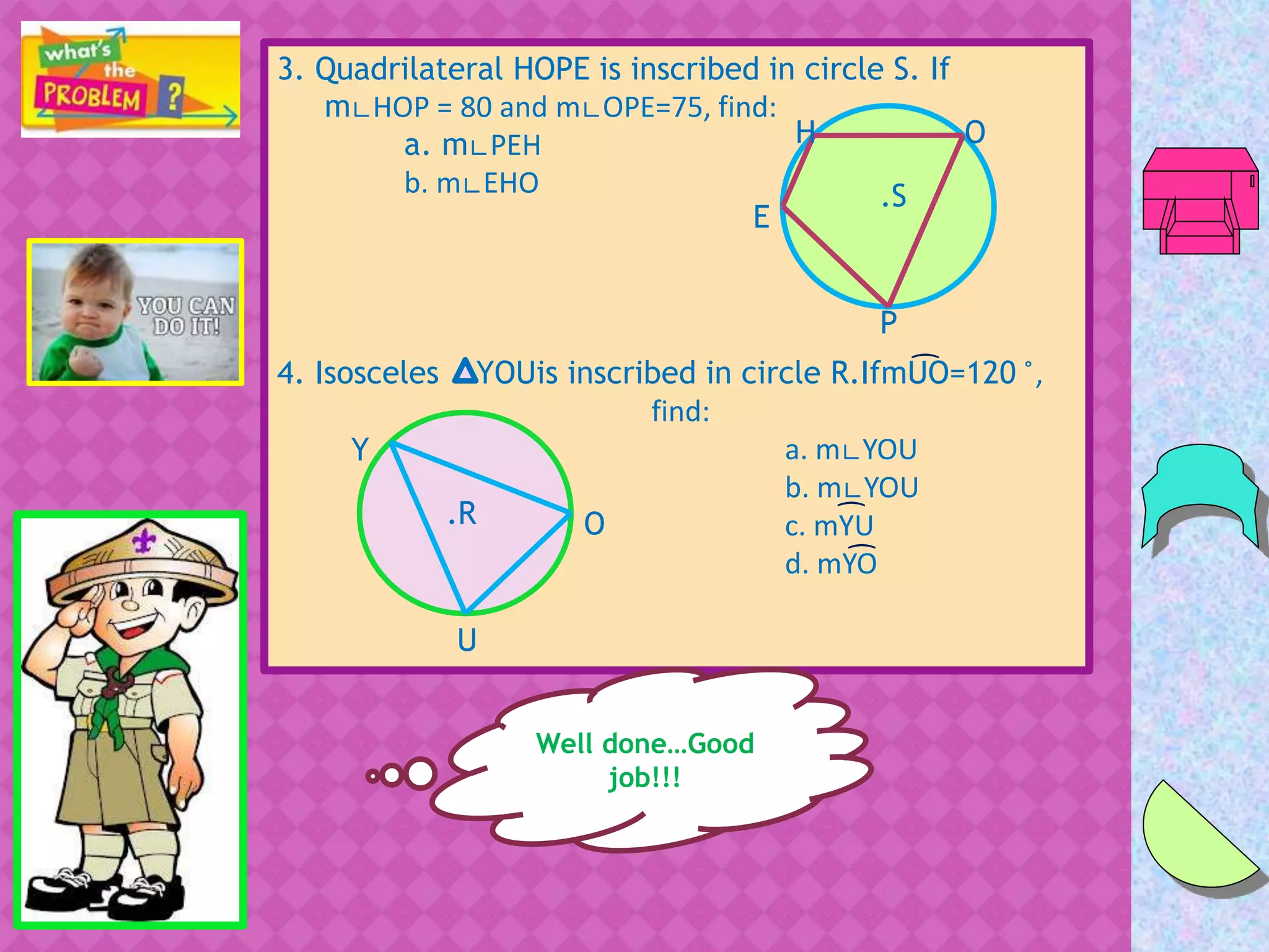 3. Quadrilateral HOPE is inscribed in circle S. If
m∟HOP = 80 and m∟OPE=75, find:
a. m∟PEH
b. m∟EHO
4. Isosceles YOUis inscribed in circle R.IfmUO=120 ̊,
find:
a. m∟YOU
b. m∟YOU
c. mYU
d. mYO
H
.S
E
P
O
͡
Y
O
U
.R ͡
͡
Well done…Good
job!!!
 