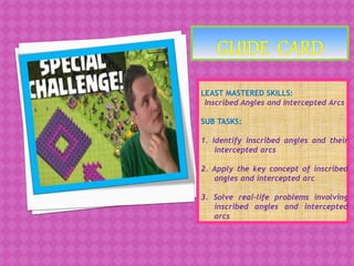 LEAST MASTERED SKILLS:
Inscribed Angles and Intercepted Arcs
SUB TASKS:
1. Identify inscribed angles and their
intercepted arcs
2. Apply the key concept of inscribed
angles and intercepted arc
3. Solve real-life problems involving
inscribed angles and intercepted
arcs
 
