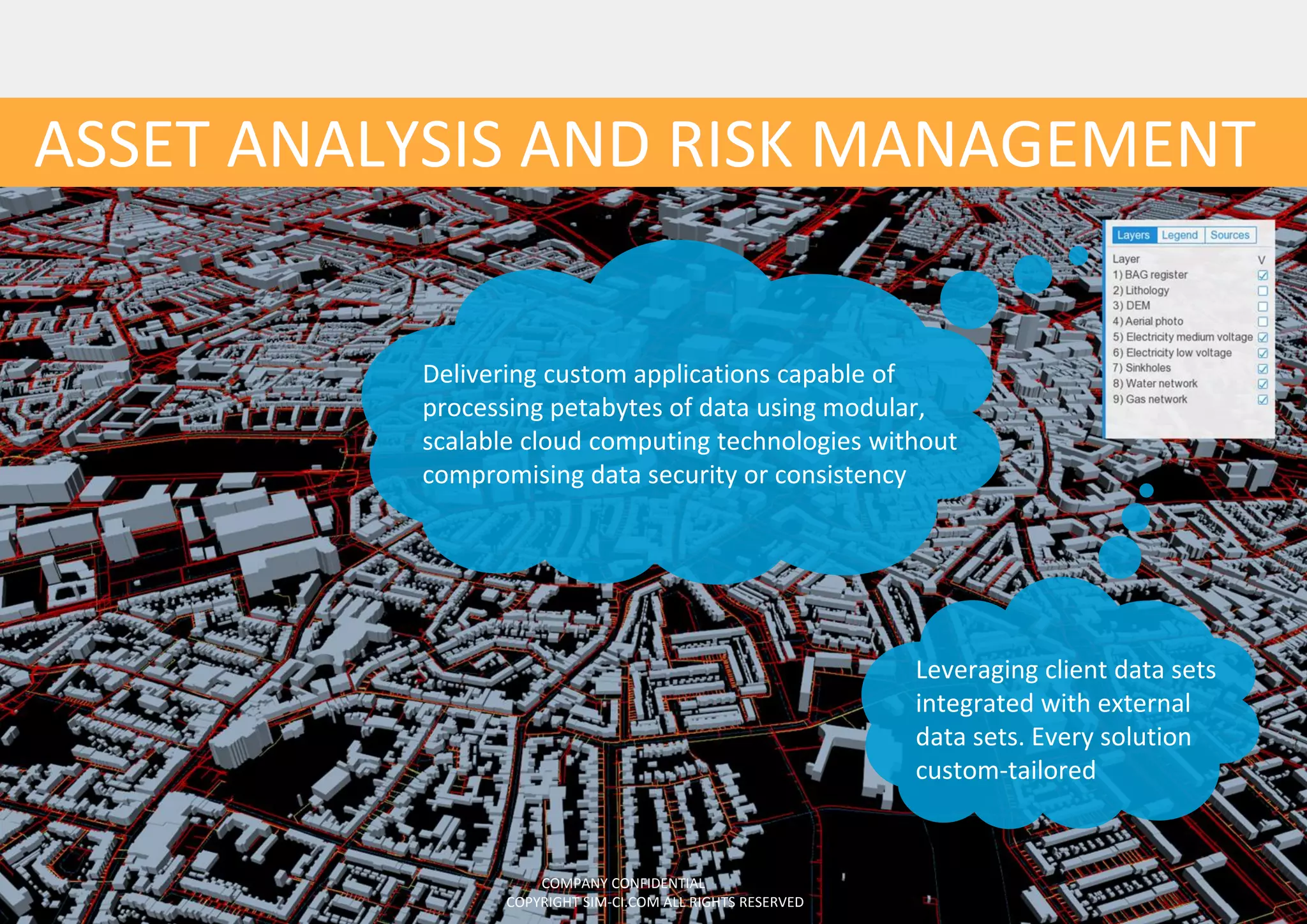 ASSET ANALYSIS AND RISK MANAGEMENT
COMPANY CONFIDENTIAL
COPYRIGHT SIM-CI.COM ALL RIGHTS RESERVED
COMPANY CONFIDENTIAL
COPYRIGHT SIM-CI.COM ALL RIGHTS RESERVED
Delivering custom applications capable of
processing petabytes of data using modular,
scalable cloud computing technologies without
compromising data security or consistency
Leveraging client data sets
integrated with external
data sets. Every solution
custom-tailored
 