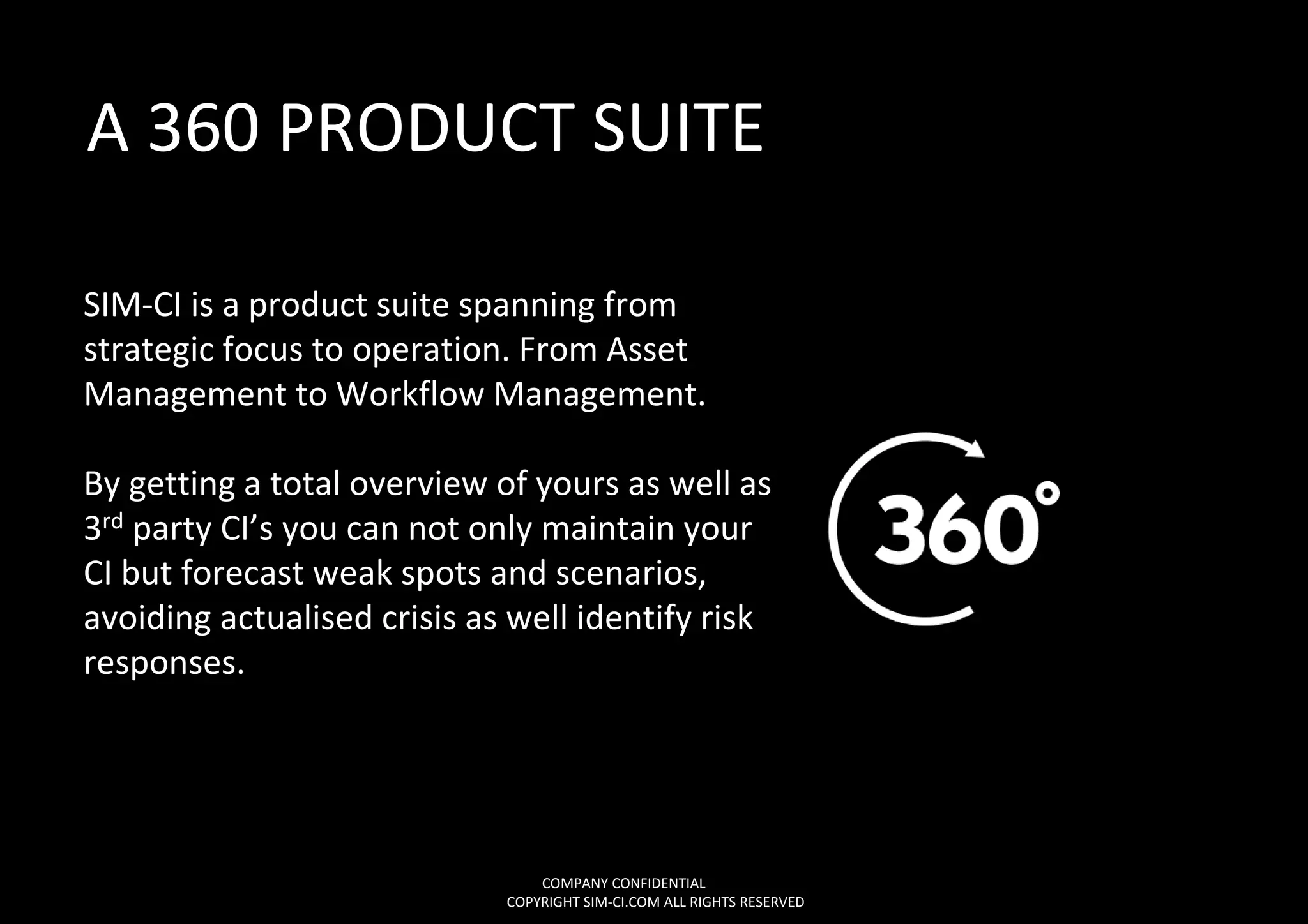 SIM-CI is a product suite spanning from
strategic focus to operation. From Asset
Management to Workflow Management.
By getting a total overview of yours as well as
3rd party CI’s you can not only maintain your
CI but forecast weak spots and scenarios,
avoiding actualised crisis as well identify risk
responses.
A 360 PRODUCT SUITE
COMPANY CONFIDENTIAL
COPYRIGHT SIM-CI.COM ALL RIGHTS RESERVED
 
