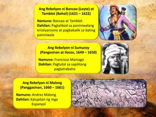 Ang Rebelyon ni Bancao (Leyte) at
Tamblot (Bohol) (1621 – 1622)
Namuno: Bancao at Tamblot
Dahilan: Pagtalikod sa paniniwalang
kristiyanismo at pagbabalik sa dating
paniniwala
Ang Rebelyon ni Sumuroy
(Pangasinan at Ilocos, 1649 – 1650)
Namuno: Francisco Maniago
Dahilan: Pagtutol sa sapilitang
pagtatrabaho
Ang Rebelyon ni Malong
(Panggasinan, 1660 – 1661)
Namuno: Andres Malong
Dahilan: Kalupitan ng mga
Espanyol
 