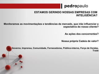 pedropaulo
ESTAMOS GERINDO NOSSAS EMPRESAS COM
INTELIGÊNCIA?
Monitoramos as movimentações e tendências de mercado, que irão influenciar a
expectativa do nosso cliente?
As ações dos concorrentes?
Nossa própria Cadeia de valor?
Governo, Imprensa, Comunidade, Fornecedores, Público-interno, Força de Vendas,
Trade
 