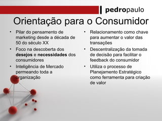 pedropaulo
Orientação para o Consumidor
• Pilar do pensamento de
marketing desde a década de
50 do século XX
• Foco na descoberta dos
desejos e necessidades dos
consumidores
• Inteligência de Mercado
permeando toda a
organização
• Relacionamento como chave
para aumentar o valor das
transações
• Descentralização da tomada
de decisão para facilitar o
feedback do consumidor
• Utiliza o processo de
Planejamento Estratégico
como ferramenta para criação
de valor
 