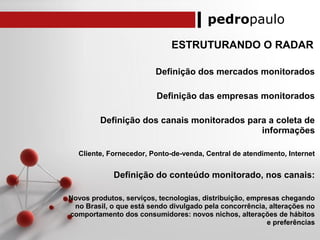 pedropaulo
ESTRUTURANDO O RADAR
Definição dos mercados monitorados
Definição das empresas monitorados
Definição dos canais monitorados para a coleta de
informações
Cliente, Fornecedor, Ponto-de-venda, Central de atendimento, Internet
Definição do conteúdo monitorado, nos canais:
Novos produtos, serviços, tecnologias, distribuição, empresas chegando
no Brasil, o que está sendo divulgado pela concorrência, alterações no
comportamento dos consumidores: novos nichos, alterações de hábitos
e preferências
 