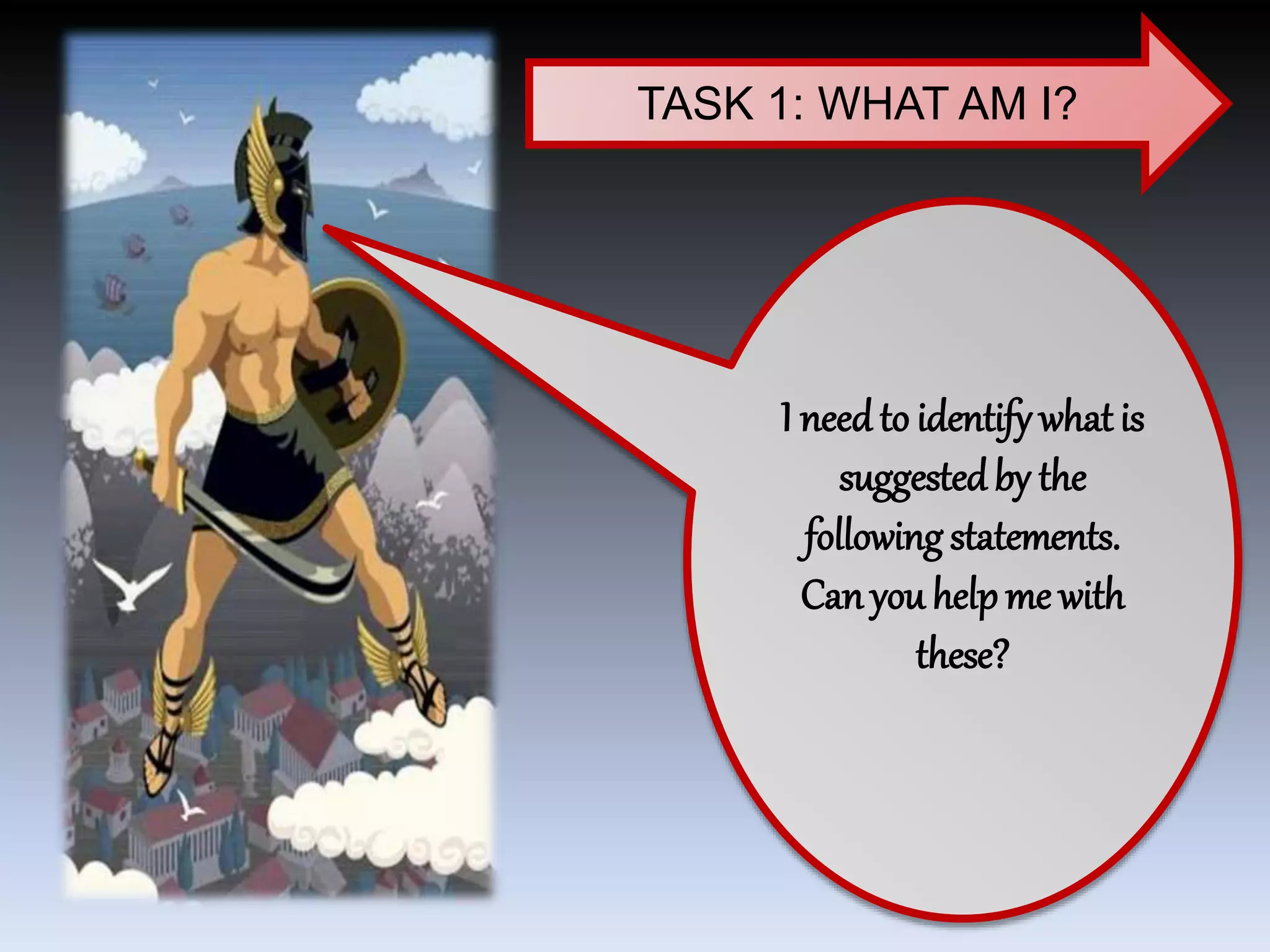 TASK 1: WHAT AM I?
I needto identify what is
suggestedby the
following statements.
Canyou help me with
these?
 