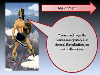Assignment:
You must not forgetthe
lessons in our journey. List
downall the realizations you
had in all our tasks.
 