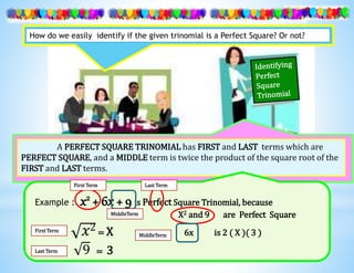 A PERFECT SQUARE TRINOMIAL has FIRST and LAST terms which are
PERFECT SQUARE, and a MIDDLE term is twice the product of the square root of the
FIRST and LAST terms.
Example : x2 + 6x + 9 is Perfect Square Trinomial, because
X2 and 9 are Perfect Square
𝑥2 = X 6x is 2 ( X )( 3 )
9 = 3
How do we easily identify if the given trinomial is a Perfect Square? Or not?
First Term Last Term
MiddleTerm
First Term
Last Term
MiddleTerm
 