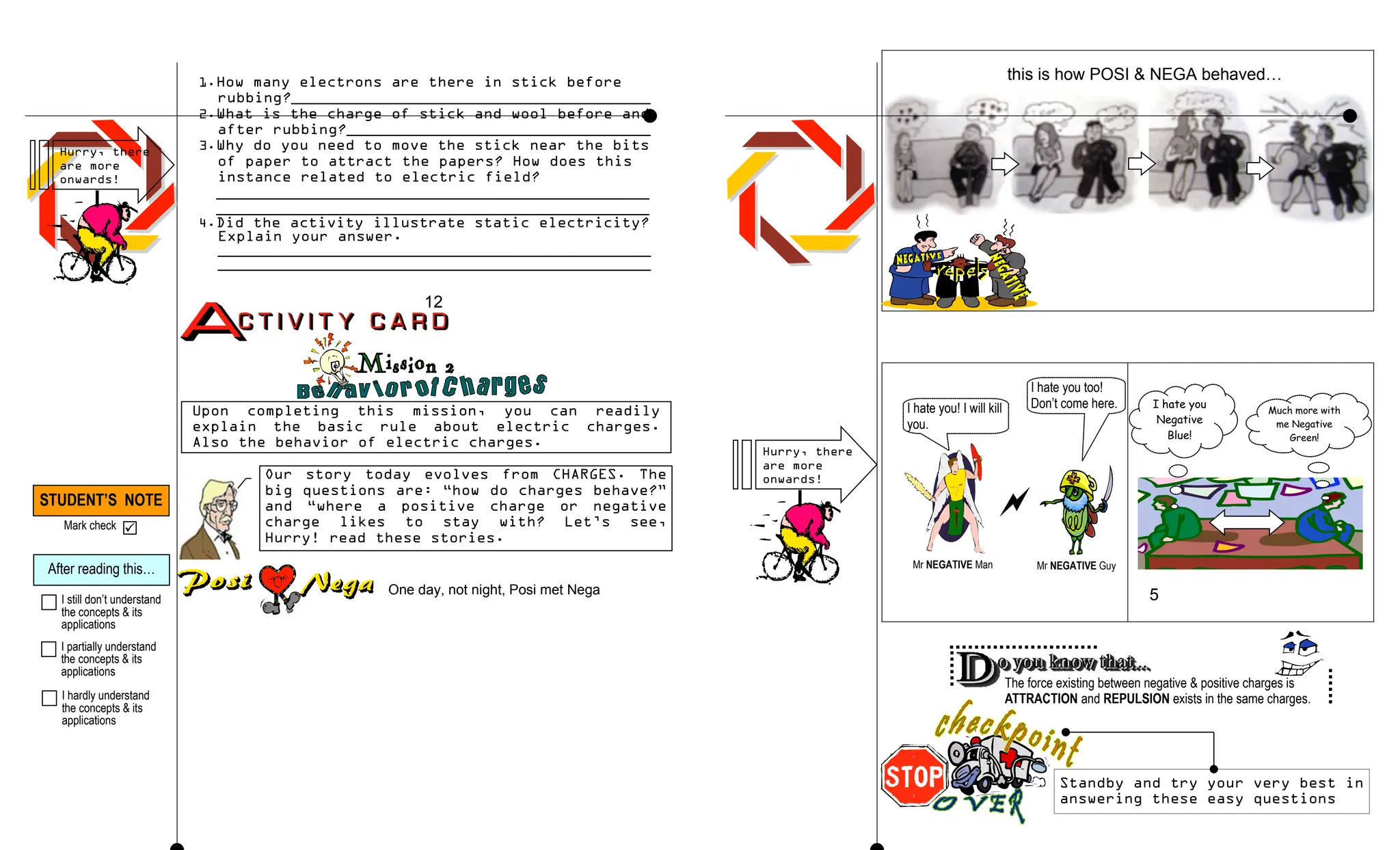 Upon completing this mission, you can readily
explain the basic rule about electric charges.
Also the behavior of electric charges.
Our story today evolves from CHARGES. The
big questions are: “how do charges behave?”
and “where a positive charge or negative
charge likes to stay with? Let’s see,
Hurry! read these stories.
this is how POSI & NEGA behaved…
One day, not night, Posi met Nega
Mr NEGATIVE Man Mr NEGATIVE Guy

I hate you too!
Don’t come here.
I hate you! I will kill
you.
I hate you
Negative
Blue!
Much more with
me Negative
Green!
The force existing between negative & positive charges is
ATTRACTION and REPULSION exists in the same charges.
Standby and try your very best in
answering these easy questions
STUDENT’S NOTE
Mark check 
After reading this…
I still don’t understand
the concepts & its
applications
I partially understand
the concepts & its
applications
I hardly understand
the concepts & its
applications
Hurry, there
are more
onwards!
5
1.How many electrons are there in stick before
rubbing?_______________________________________
2.What is the charge of stick and wool before and
after rubbing?_________________________________
3.Why do you need to move the stick near the bits
of paper to attract the papers? How does this
instance related to electric field?
_______________________________________________
_______________________________________________
4.Did the activity illustrate static electricity?
Explain your answer.
_______________________________________________
_______________________________________________
12
Hurry, there
are more
onwards!
 