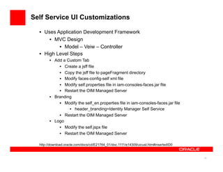 Self Service UI Customizations

  •  Uses Application Development Framework
       •  MVC Design
           •  Model – Vei...