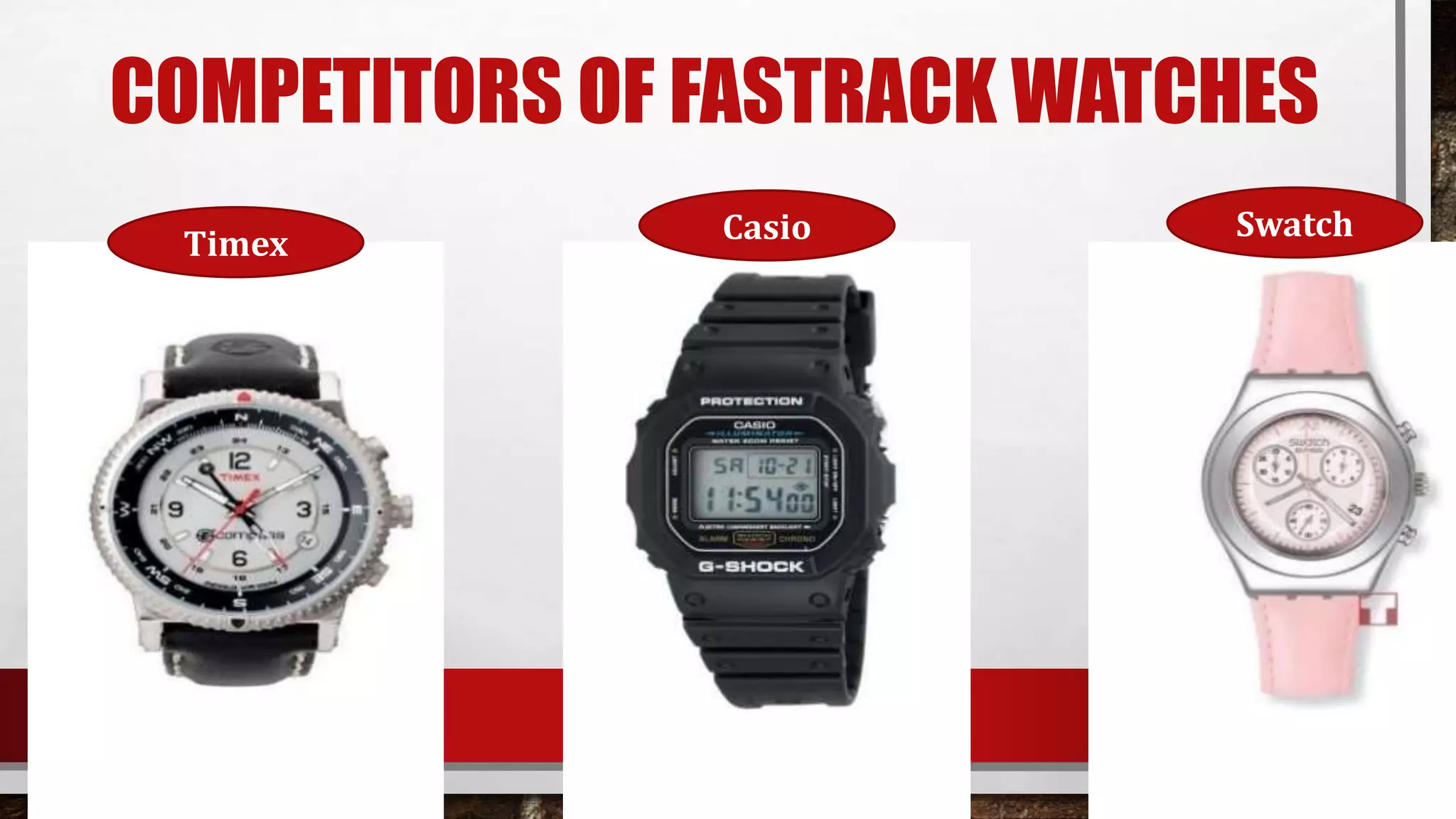 COMPETITORS OF FASTRACK WATCHES
Timex Casio Swatch
 