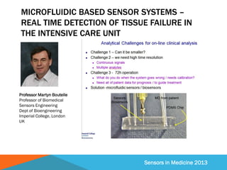 Sensors in Medicine 2013
MICROFLUIDIC BASED SENSOR SYSTEMS –
REAL TIME DETECTION OF TISSUE FAILURE IN
THE INTENSIVE CARE UNIT
Professor Martyn Boutelle
Professor of Biomedical
Sensors Engineering
Dept of Bioengineering
Imperial College, London
UK
 