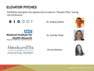 ELEVATOR PITCHES
S E N S O R S I N M E D I C I N E 2 0 1 5
Exhibitors were given the opportunity to make an “Elevator Pitc...