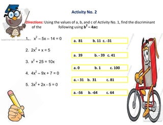 Activity No. 2
Directions: Using the values of a, b, and c of Activity No. 1, find the discriminant
of the following using b
2
– 4ac:
1. x
2
– 5x – 14 = 0
2. 2x
2
+ x = 5
3. x
2
+ 25 = 10x
4. 4x
2
– 9x + 7 = 0
5. 3x
2
+ 2x - 5 = 0
a. 81 b. 11 c. -31
a. 39 b. - 39 c. 41
a. 0 b. 1 c. 100
a. - 31 b. 31 c. 81
a. -56 b. -64 c. 64
 